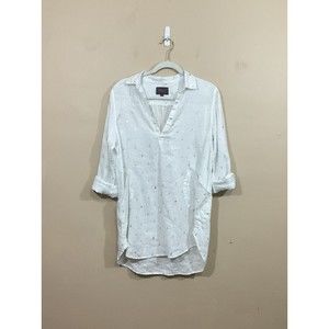 For Cynthia Womens Linen Tunic Shirt M White Coastal Nautical Beach Anchor Boat